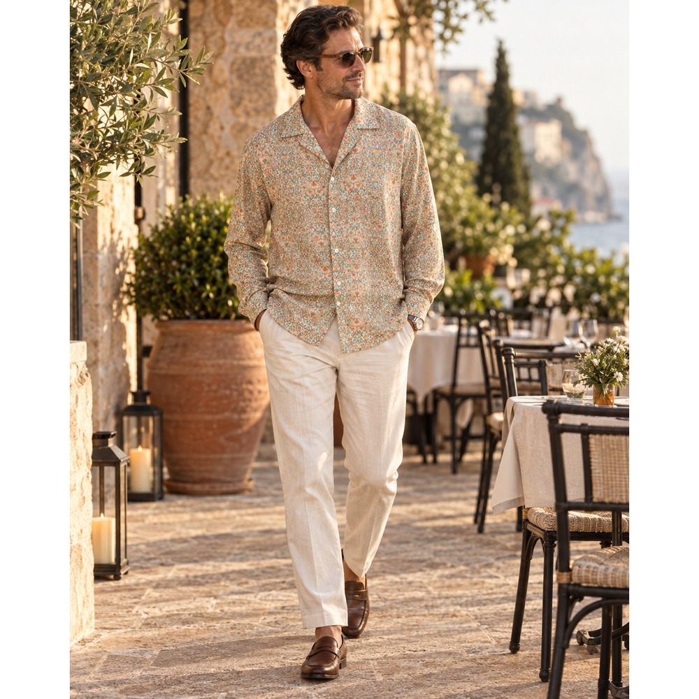 Perte D'Ego Floral Modal Camp Collar Button Down Shirt Large L Long Sleeve